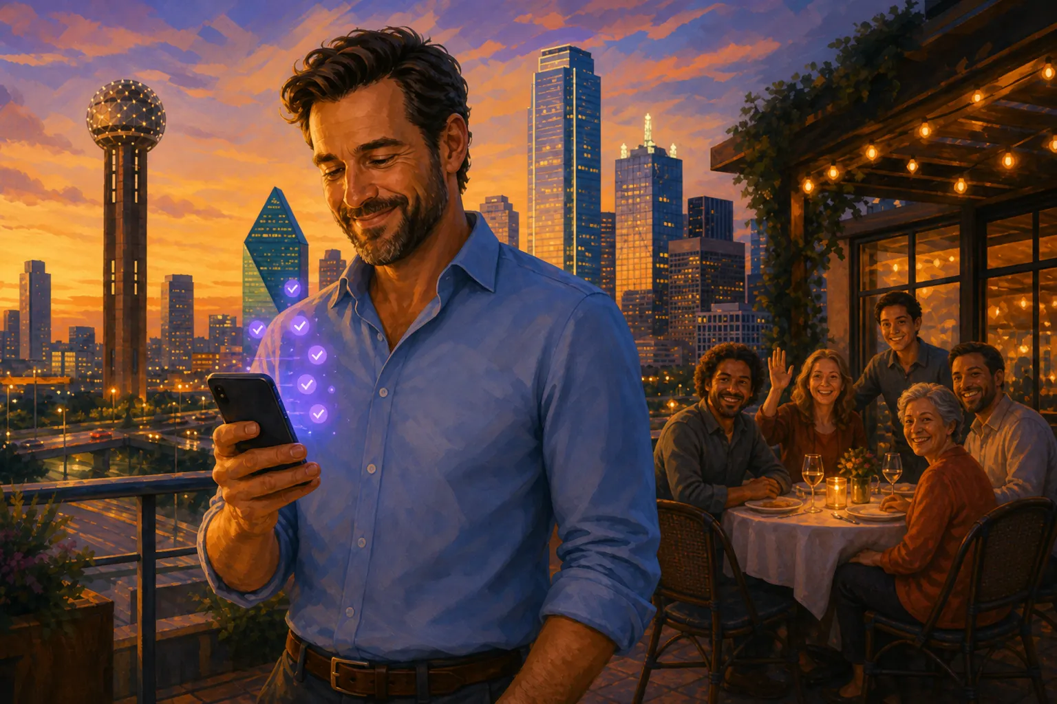 The same Dallas business owner relaxed on a rooftop at sunset, checking that his AI agents are running while friends and family wait for him at the dinner table