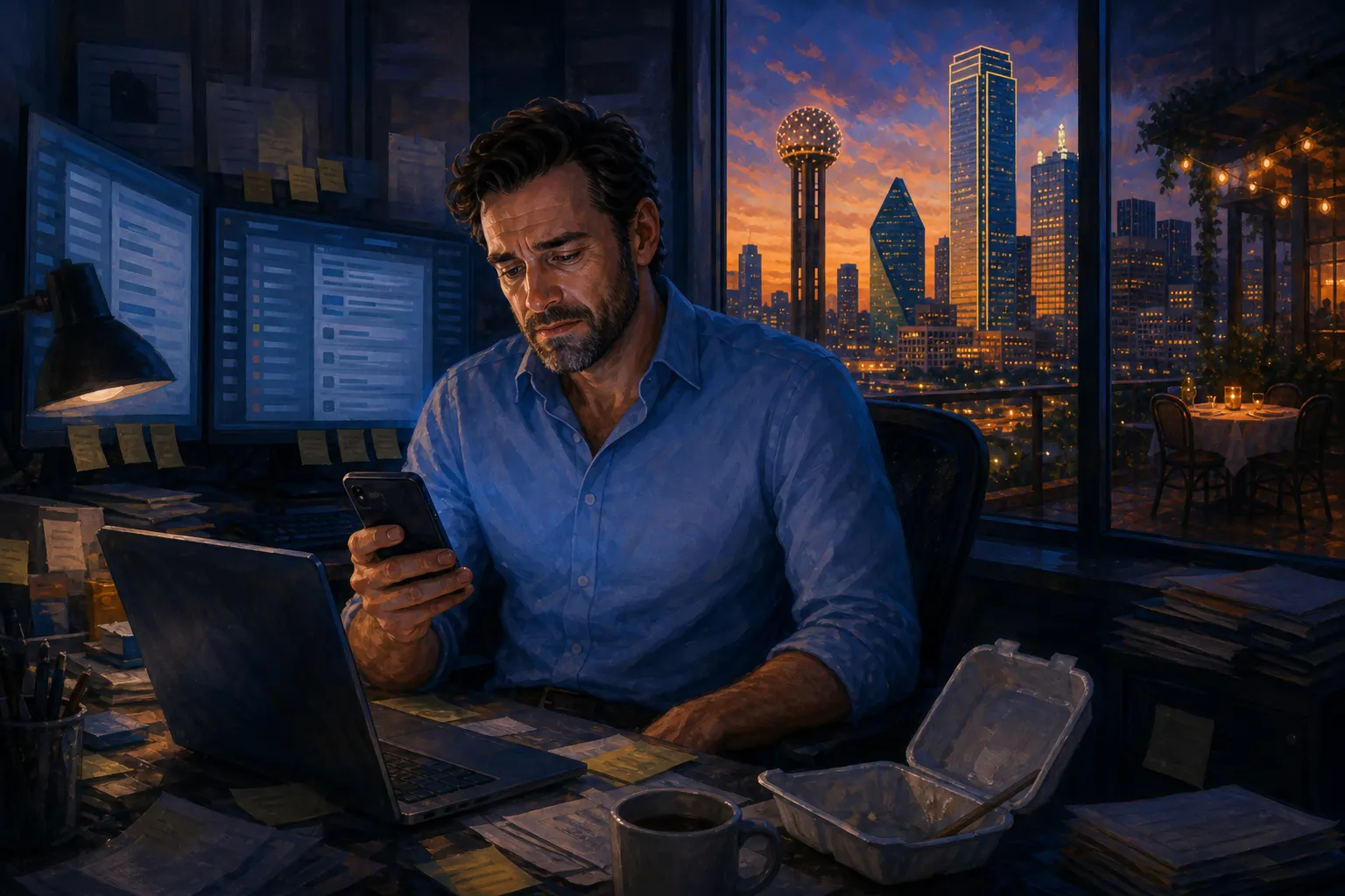 A tired Dallas business owner still working after dark, surrounded by screens, paperwork, and his phone while date night waits outside